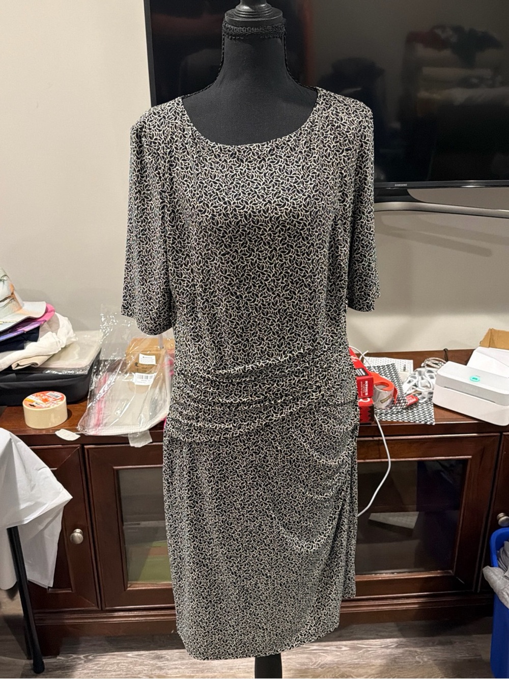 Lauren Ralph Lauren Black and Ivory Printed Midi Dress